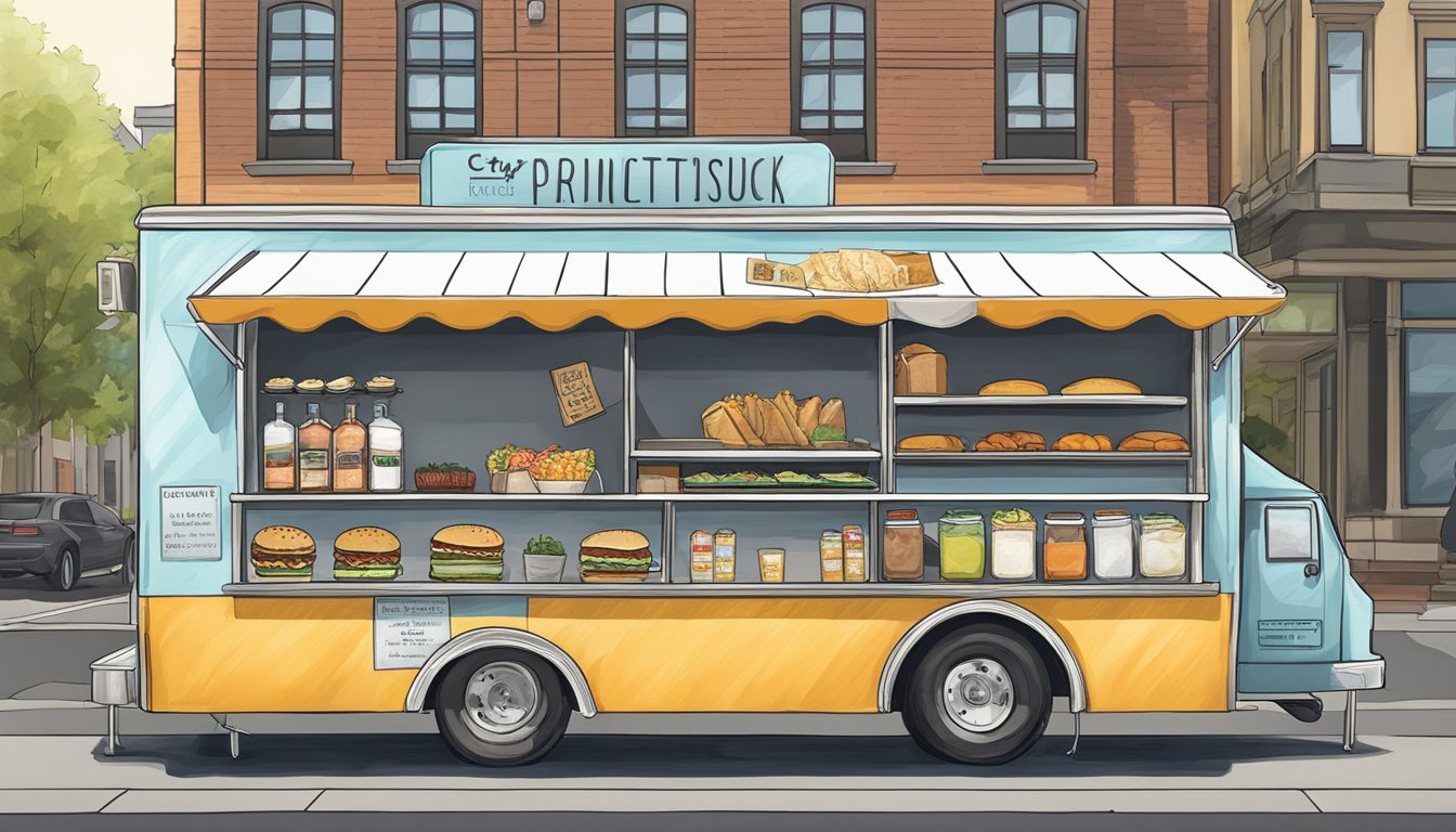 A food truck parked in downtown Spokane, Washington, with various city permits and licenses displayed on the window