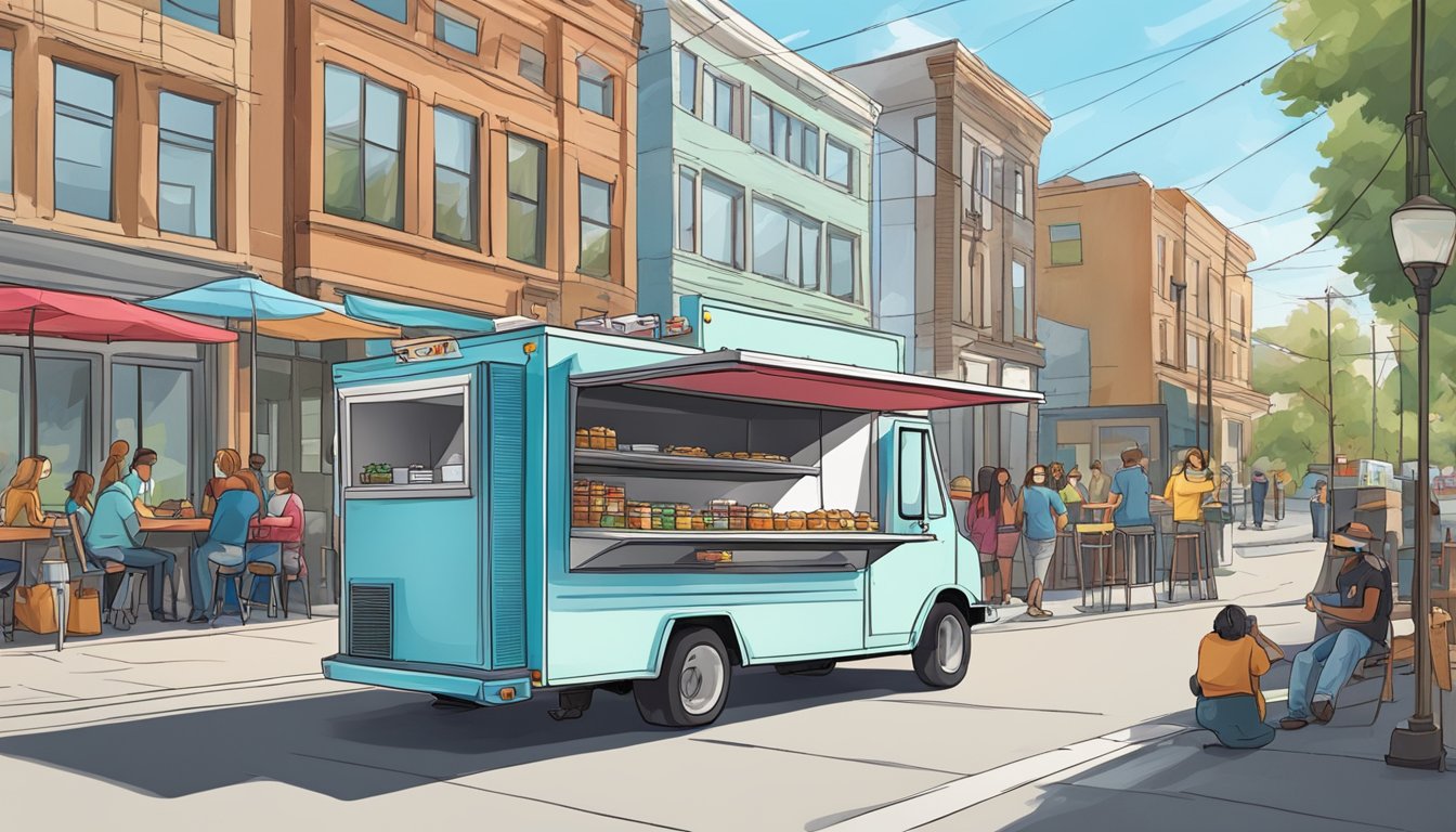 A food truck parked on a city street, with a line of customers waiting to order. The truck displays the required permits and specifications for Spokane, Washington