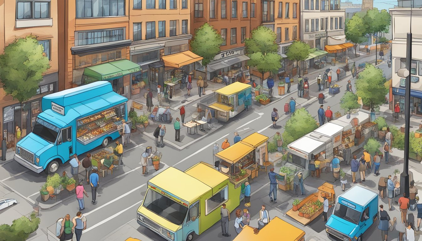 A bustling street scene with food trucks, customers, and city officials discussing regulations in Spokane, Washington