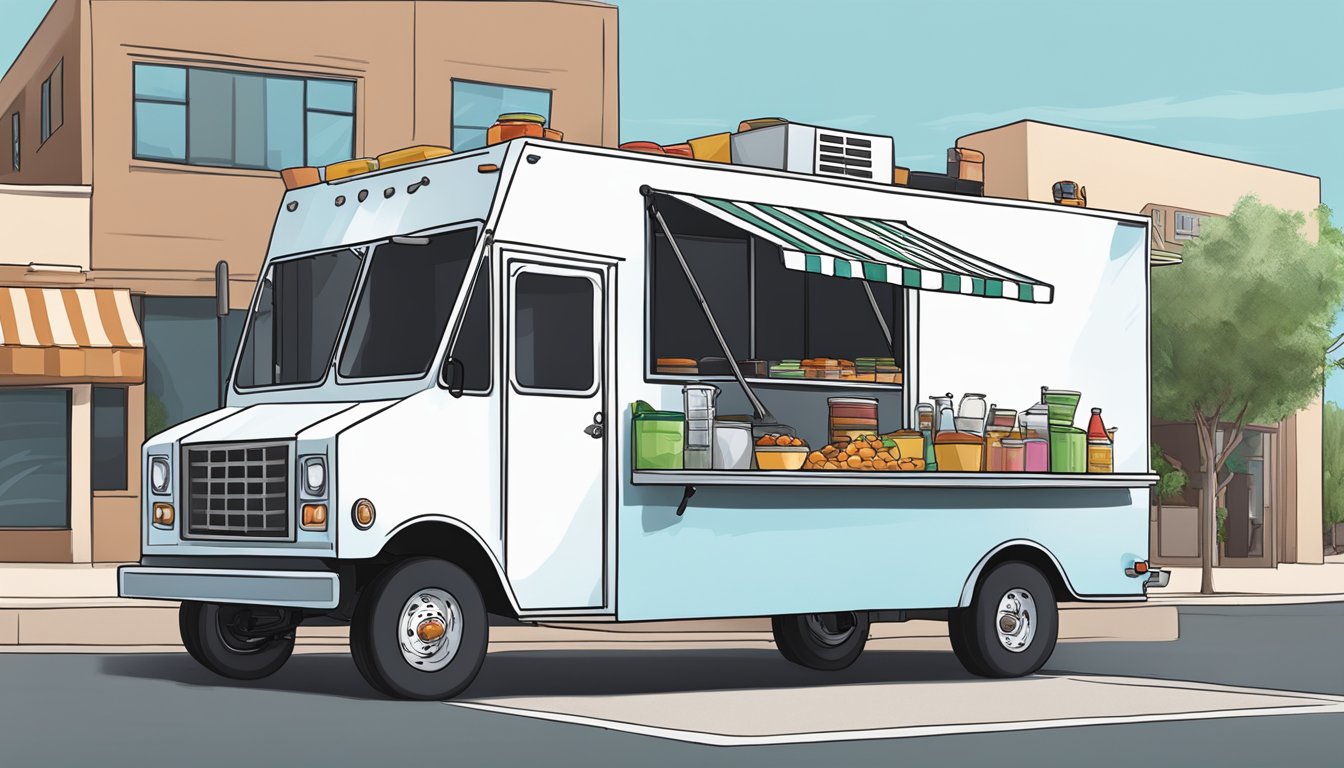 A food truck parked in downtown Gilbert, Arizona, with a sign displaying insurance and liability information