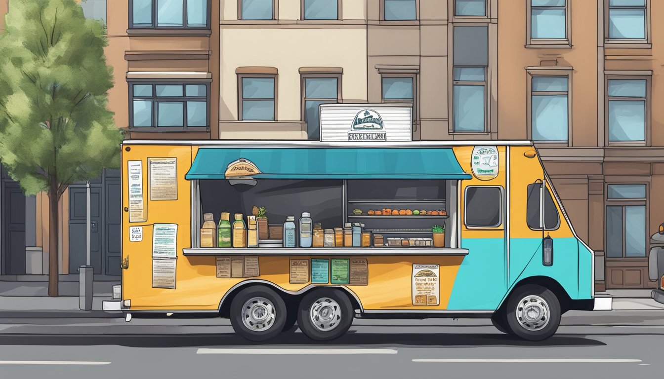 A food truck parked on a city street, displaying proper signage and permits in accordance with Spokane, Washington vending compliance laws