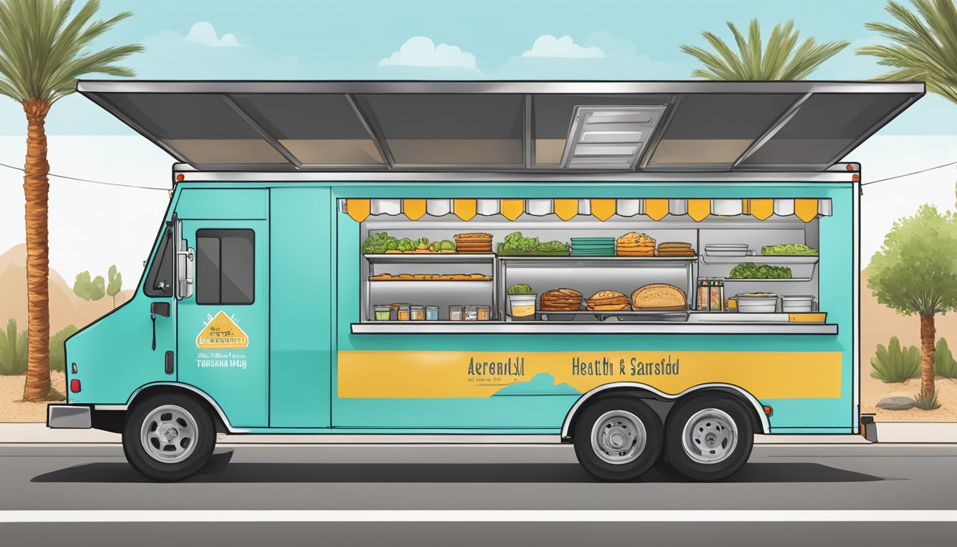 A food truck parked in Gilbert, Arizona, with clear signage displaying adherence to health, safety, and food handling standards