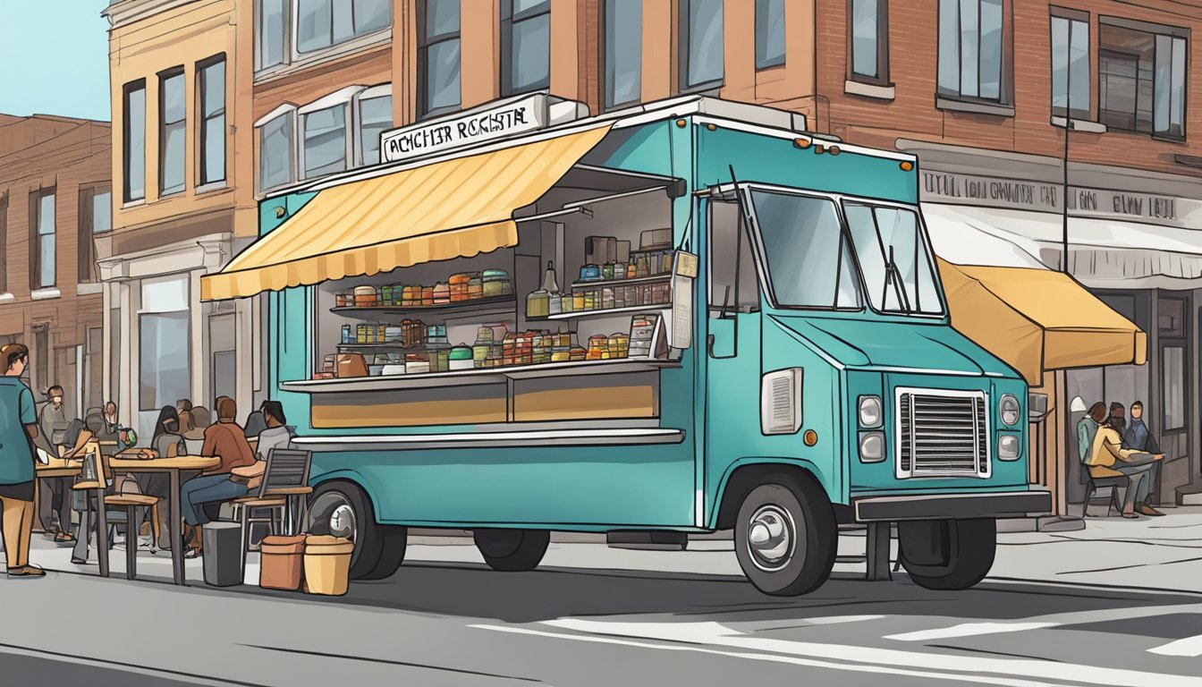 A food truck parked on a city street, surrounded by customers and complying with Rochester, New York food truck laws