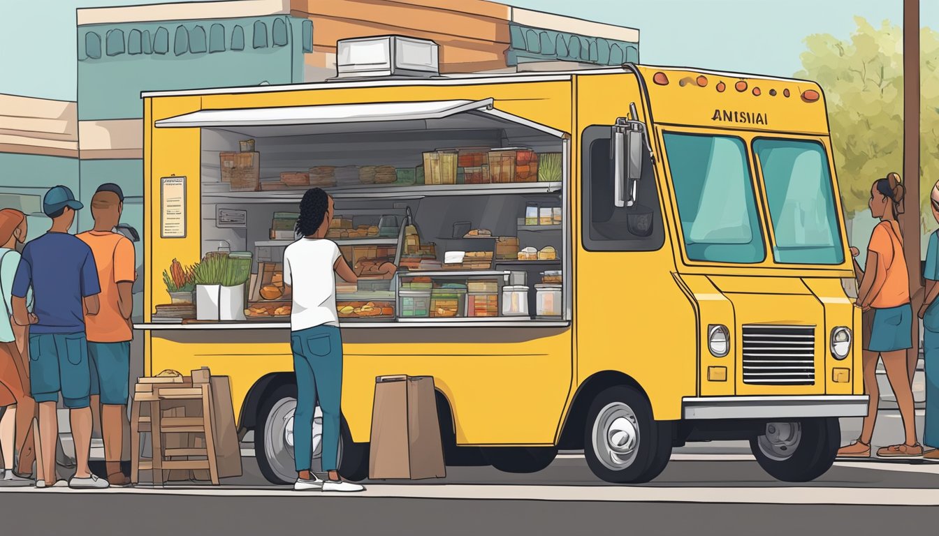 A food truck parked on a bustling street in Gilbert, Arizona, with a line of customers waiting to order. The truck displays a menu and follows local food truck laws