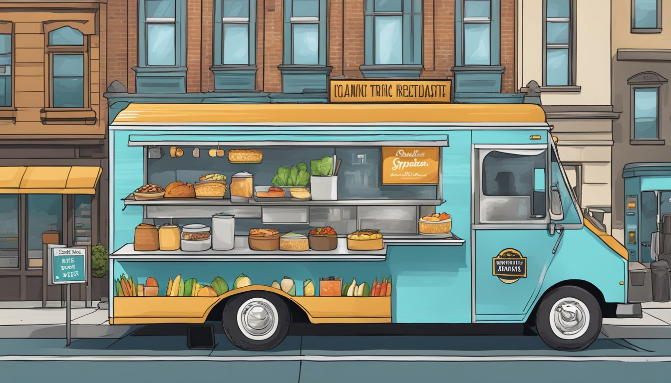 A food truck parked on a city street, surrounded by signs displaying various laws and regulations specific to food trucks in Spokane, Washington