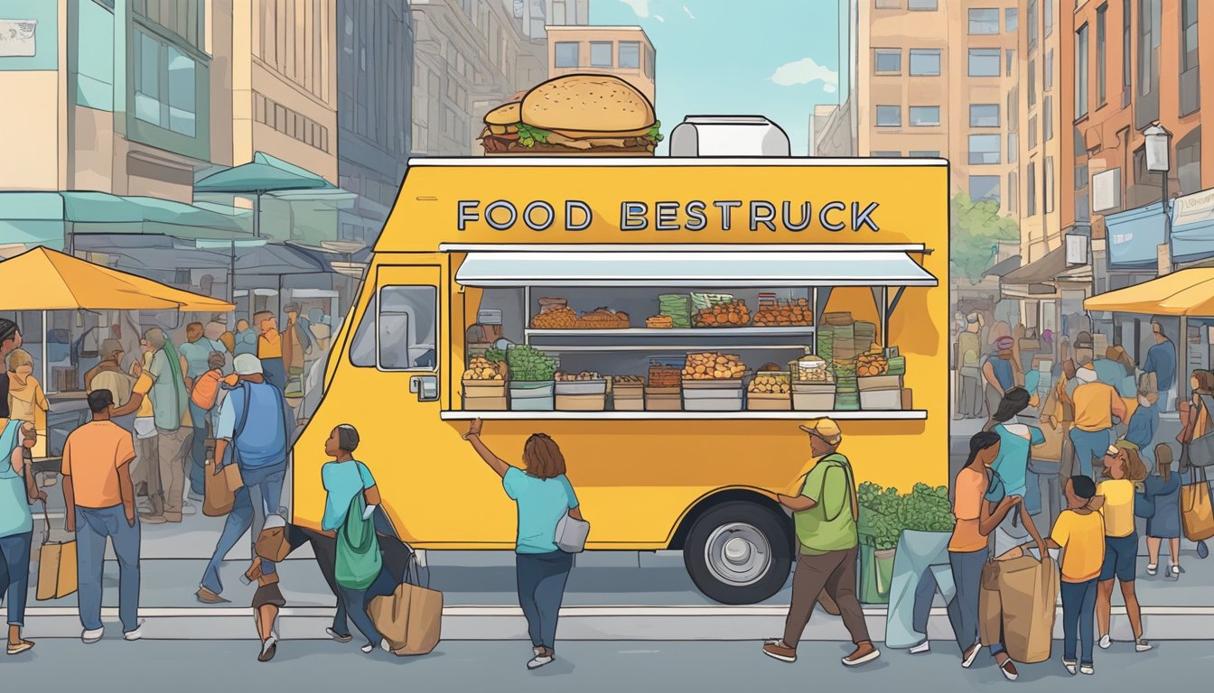 A food truck navigating through a bustling market in Spokane, Washington, with vendors and customers interacting amidst signage and regulations