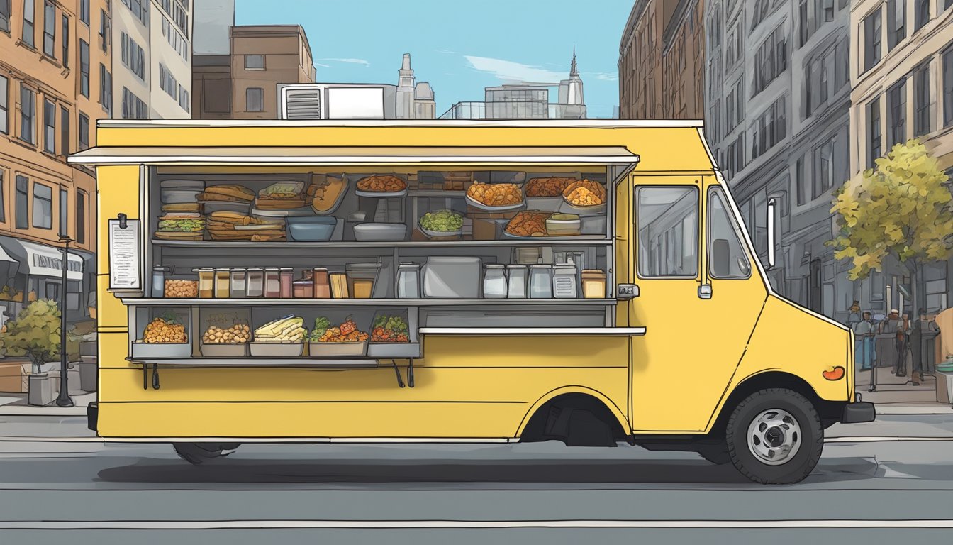 A food truck parked on a city street, surrounded by signage with operational regulations and laws for food trucks in Rochester, New York