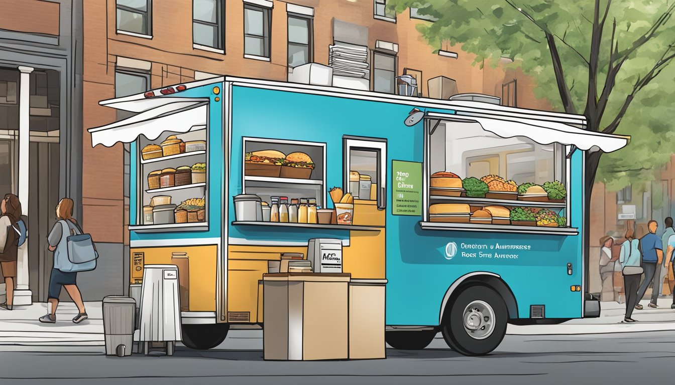 A food truck parked in a busy Rochester street, displaying clear consumer information and allergen awareness signage in compliance with New York food truck laws