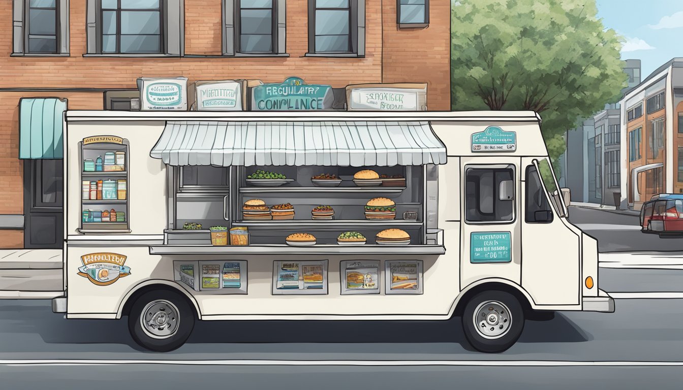 A food truck parked on a city street with a sign displaying "Regulatory Compliance for Food Trucks" in Charlotte, North Carolina