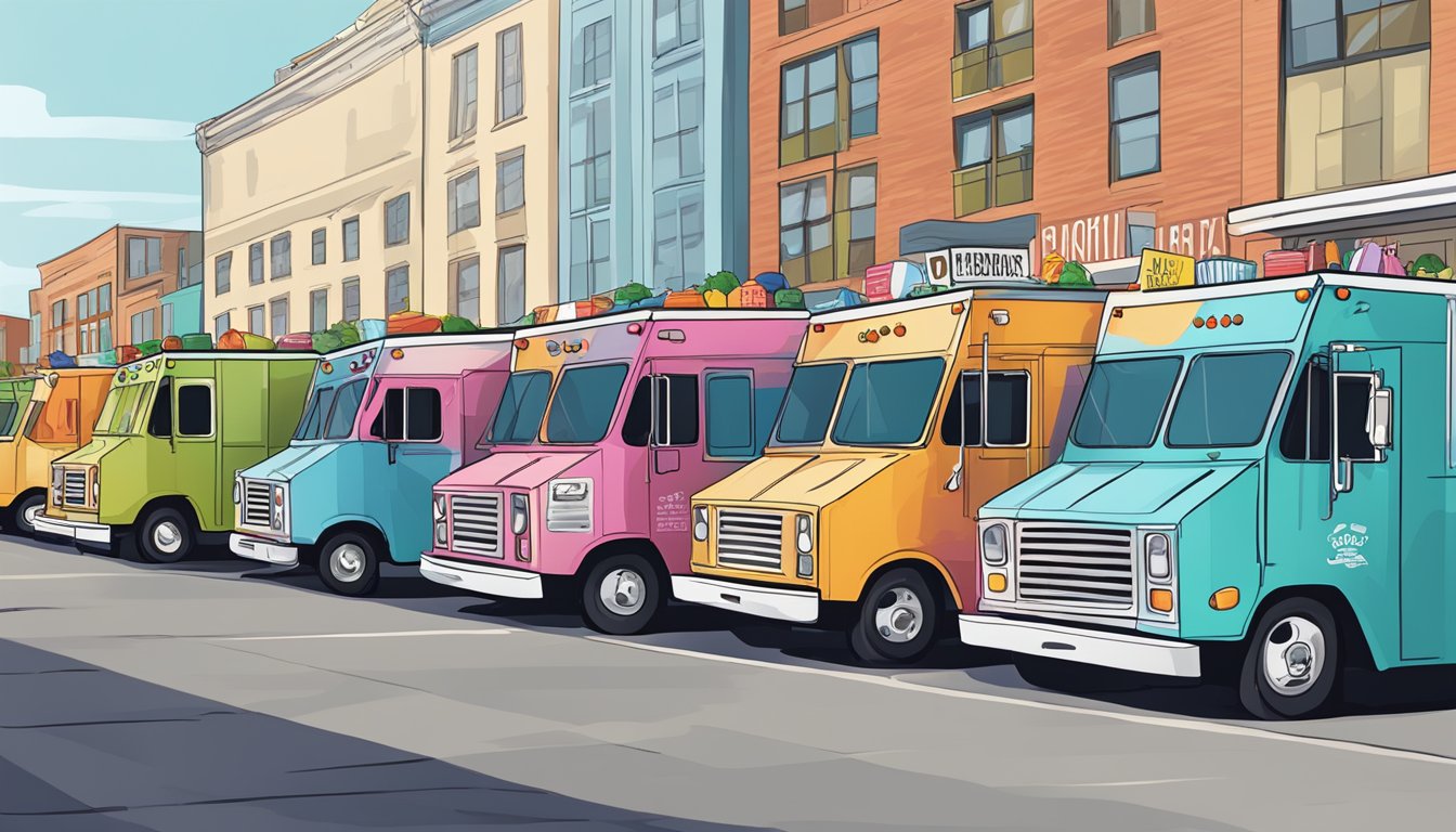 A row of colorful food trucks parked in a designated area, with a sign displaying Norfolk's food truck regulations