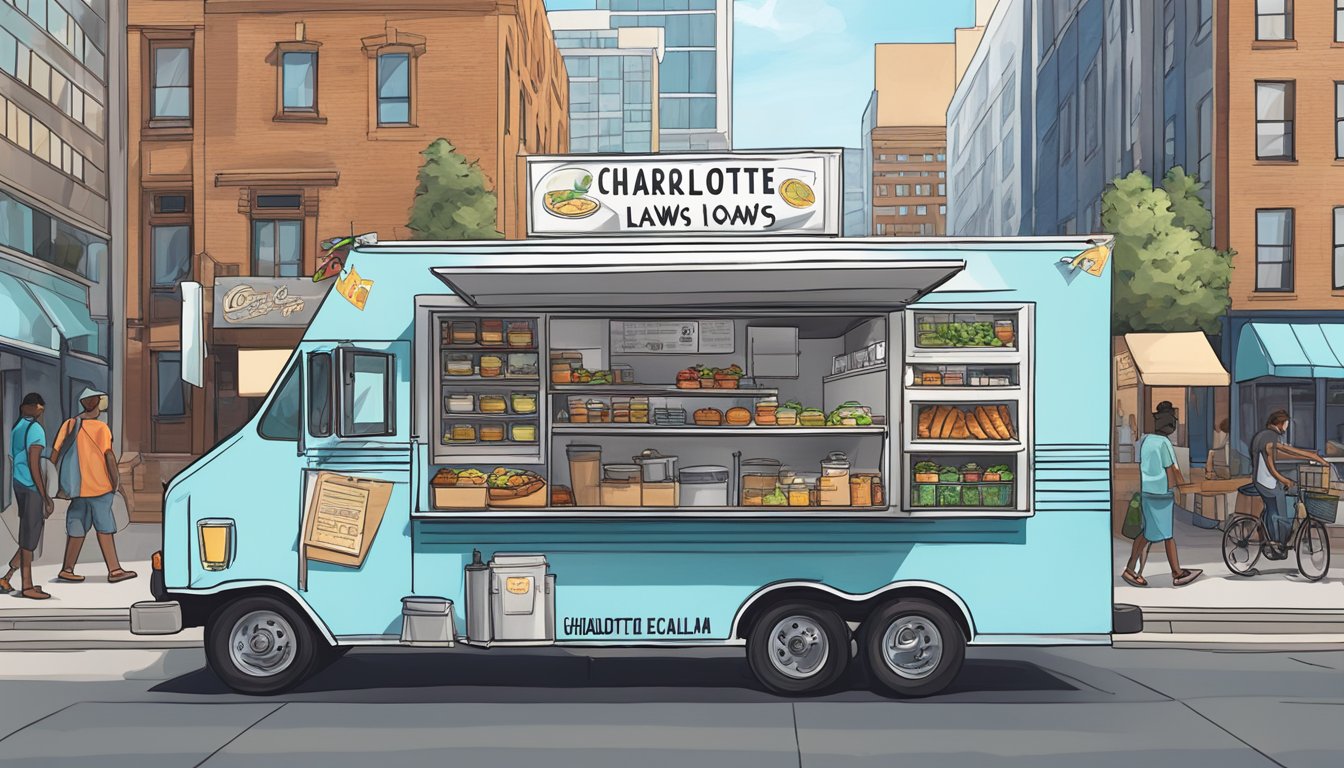 A food truck parked on a city street, surrounded by signage displaying Charlotte, North Carolina food truck laws