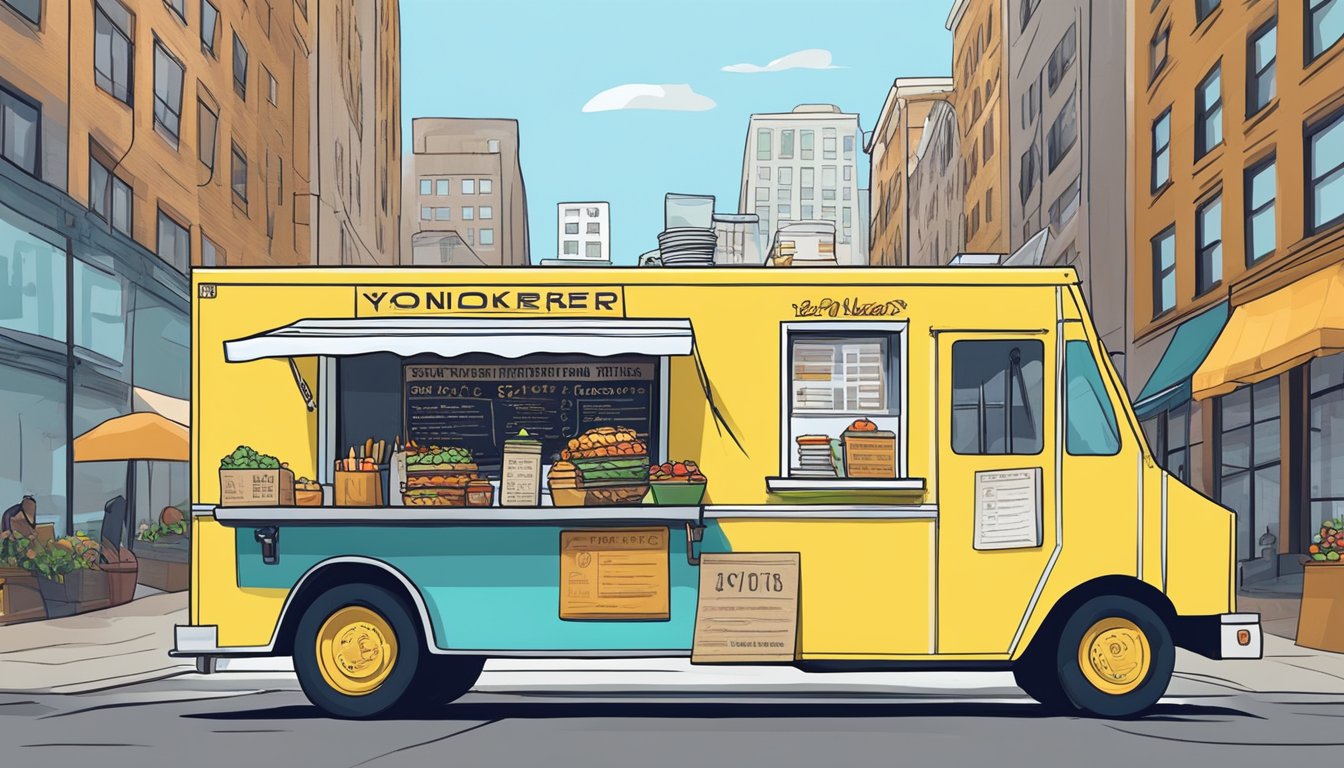 A food truck parked on a city street, surrounded by signs displaying various regulations and permits required by the Yonkers, New York food truck laws