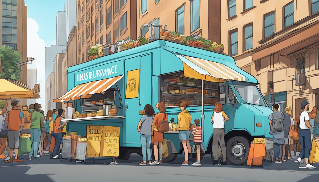 A food truck parked on a city street with a "Liability Insurance" sign displayed, surrounded by bustling pedestrians and other food vendors