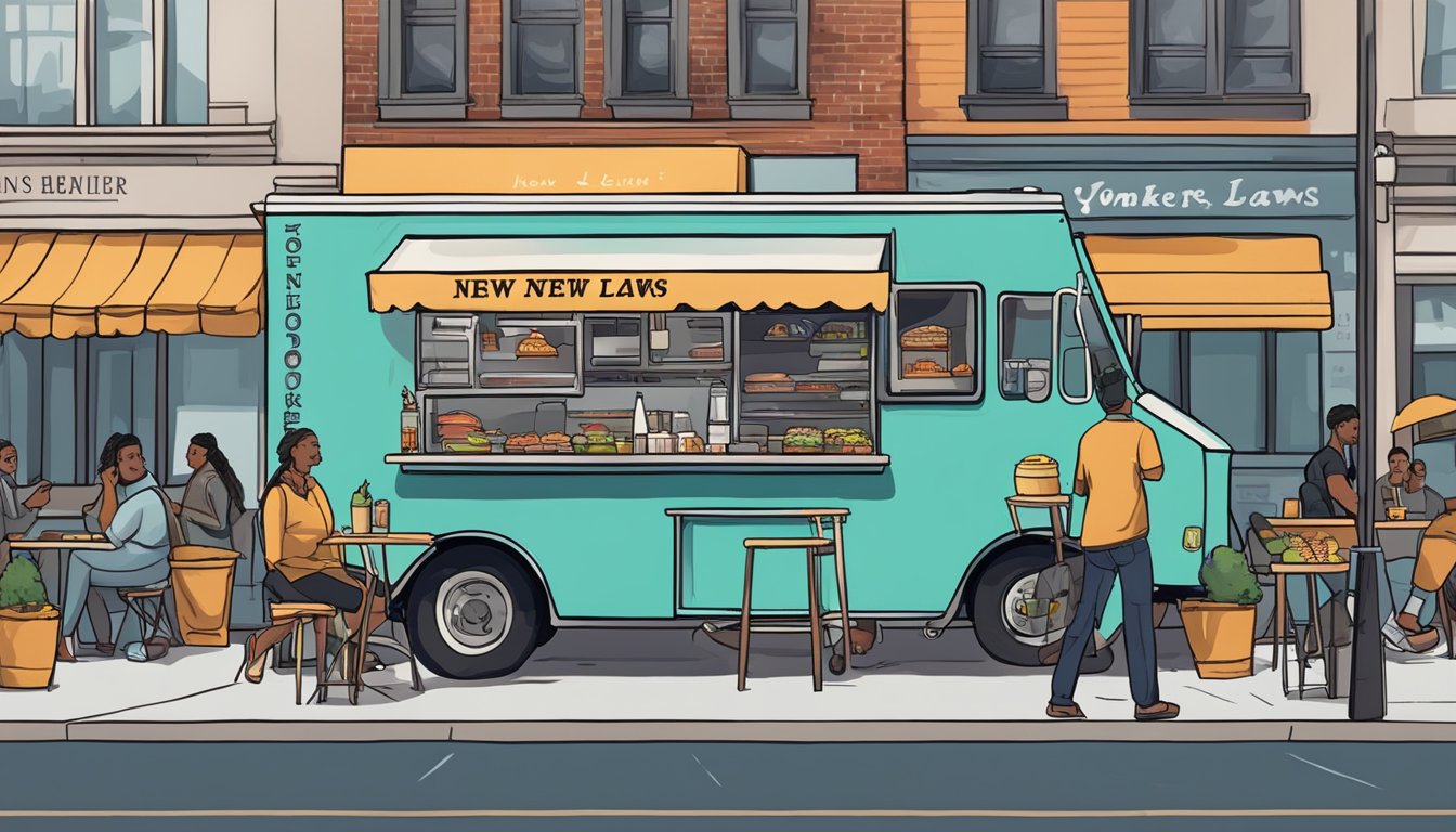 A food truck parked on a city street, surrounded by people ordering food. A sign displays "Yonkers, New York Food Truck Laws" on the window