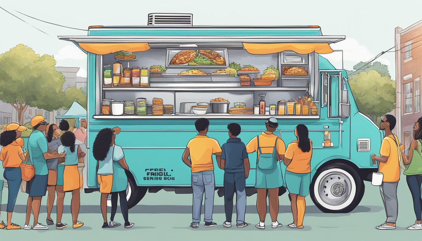 A food truck parked at a special event in Norfolk, Virginia, with people lining up to order from the menu