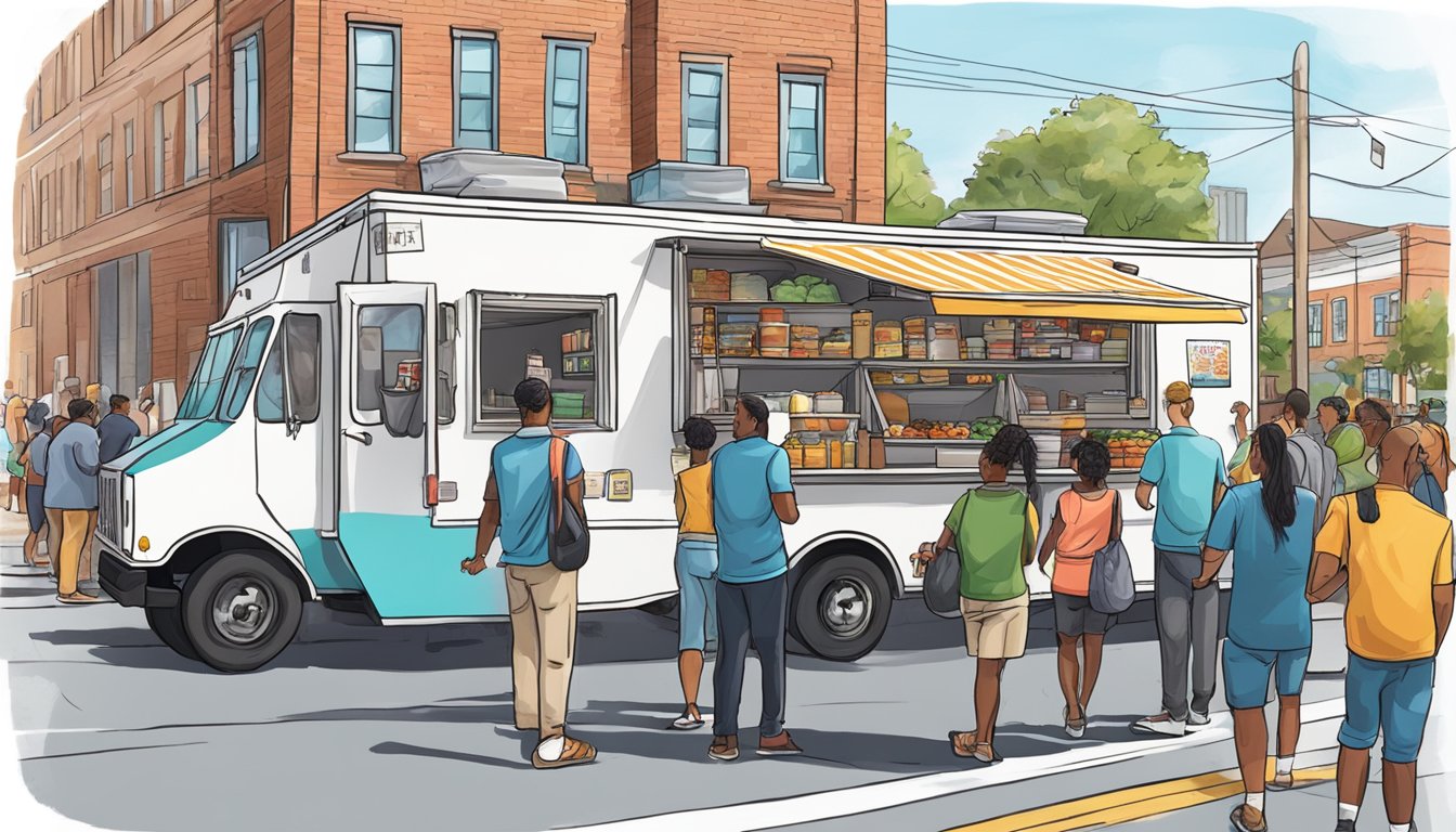 A food truck parked on a city street, surrounded by people attending a training or professional development event in Norfolk, Virginia