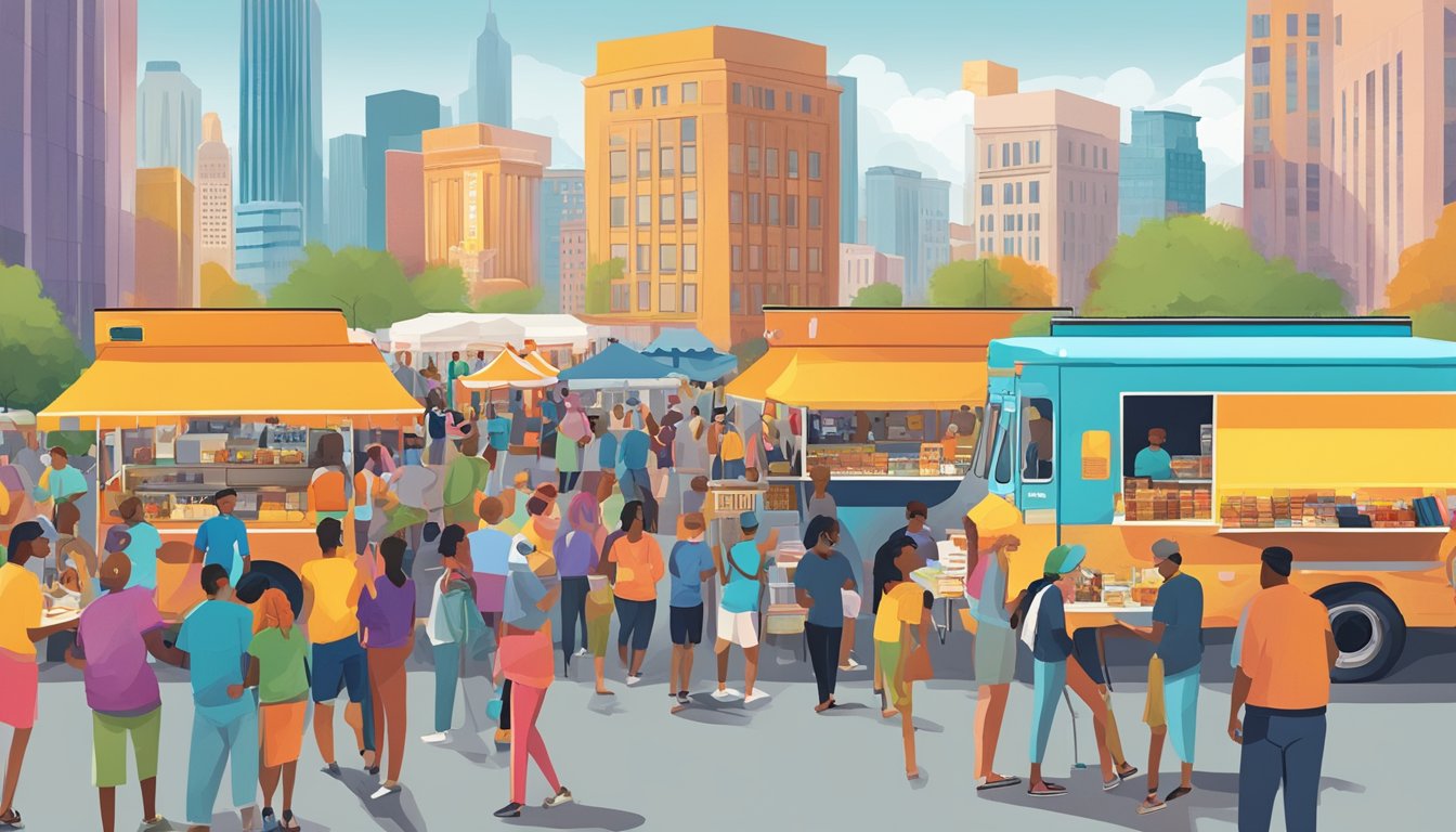 A bustling food truck festival in Charlotte, North Carolina, with vendors strategizing and discussing marketing and growth opportunities amidst a backdrop of colorful trucks and eager customers