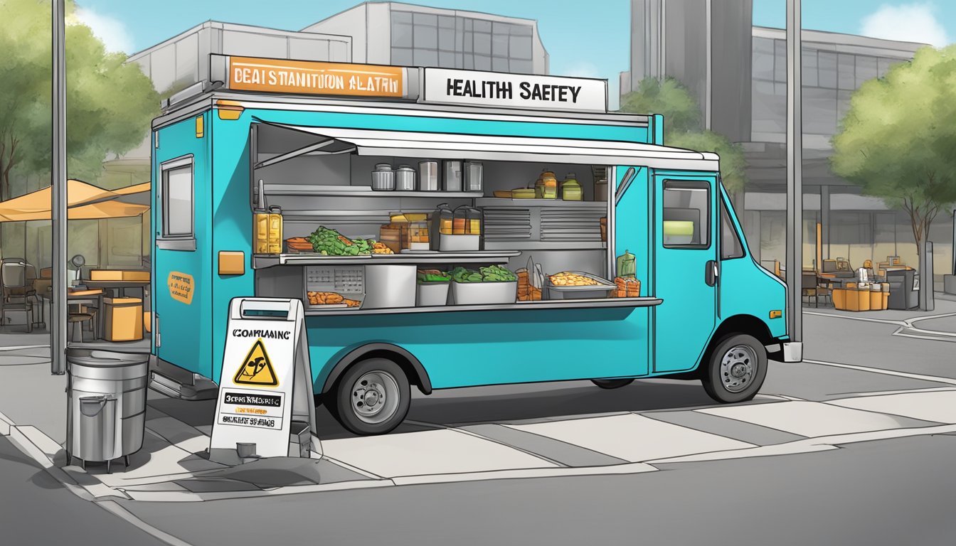 A food truck parked in a designated area, displaying health and safety compliance signs, with a sanitation station nearby