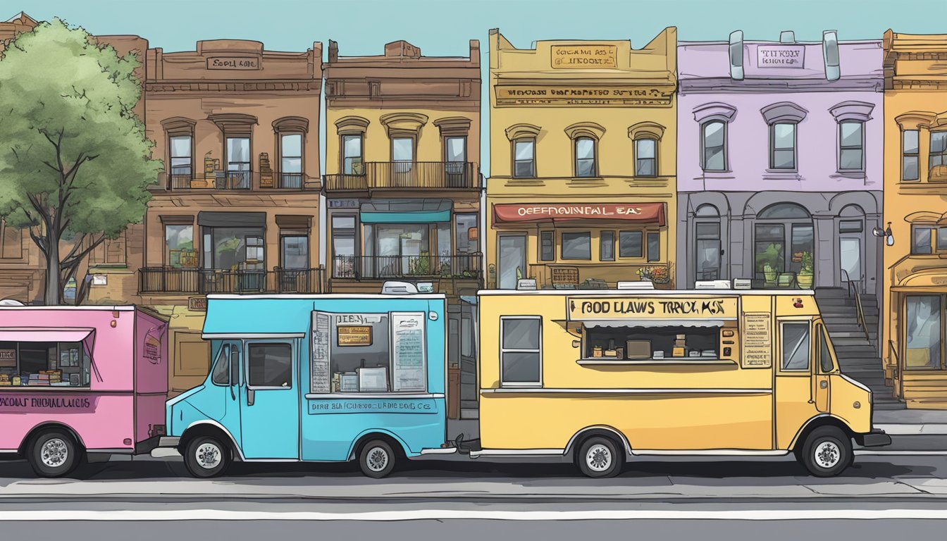 A row of food trucks parked along a city street, with signs displaying "Operational Guidelines for Food Trucks" and "Food Truck Laws Yonkers, New York."