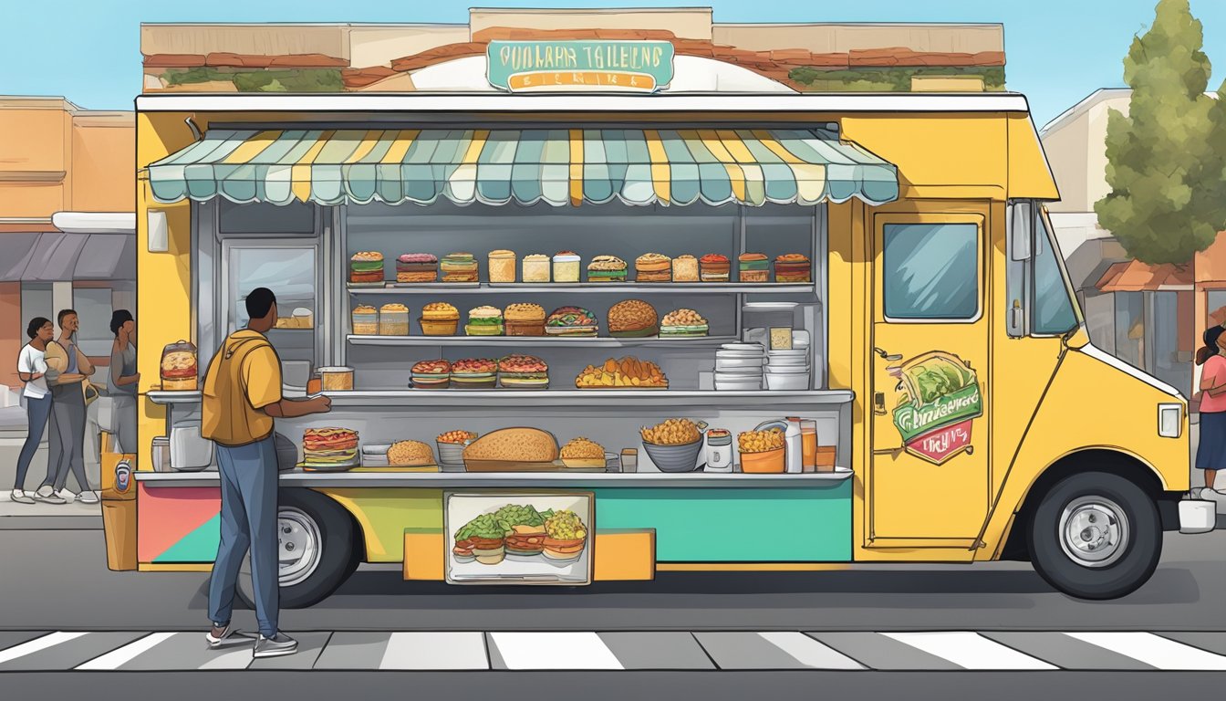 A colorful food truck parked on a bustling street in Moreno Valley, California, with customers lined up to order from the menu displayed on the side of the truck