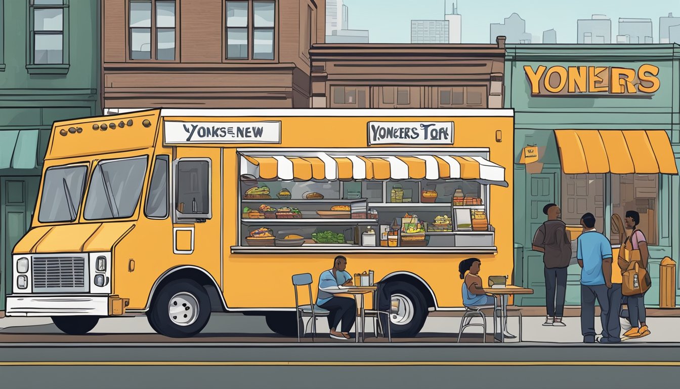 A food truck parked on a city street with a sign displaying "Yonkers, New York" and a line of customers waiting to order