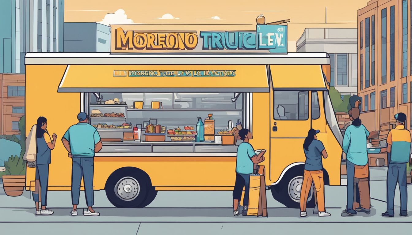 A food truck parked on a city street, with a sign displaying the Moreno Valley food truck laws and regulations. Customers line up to order