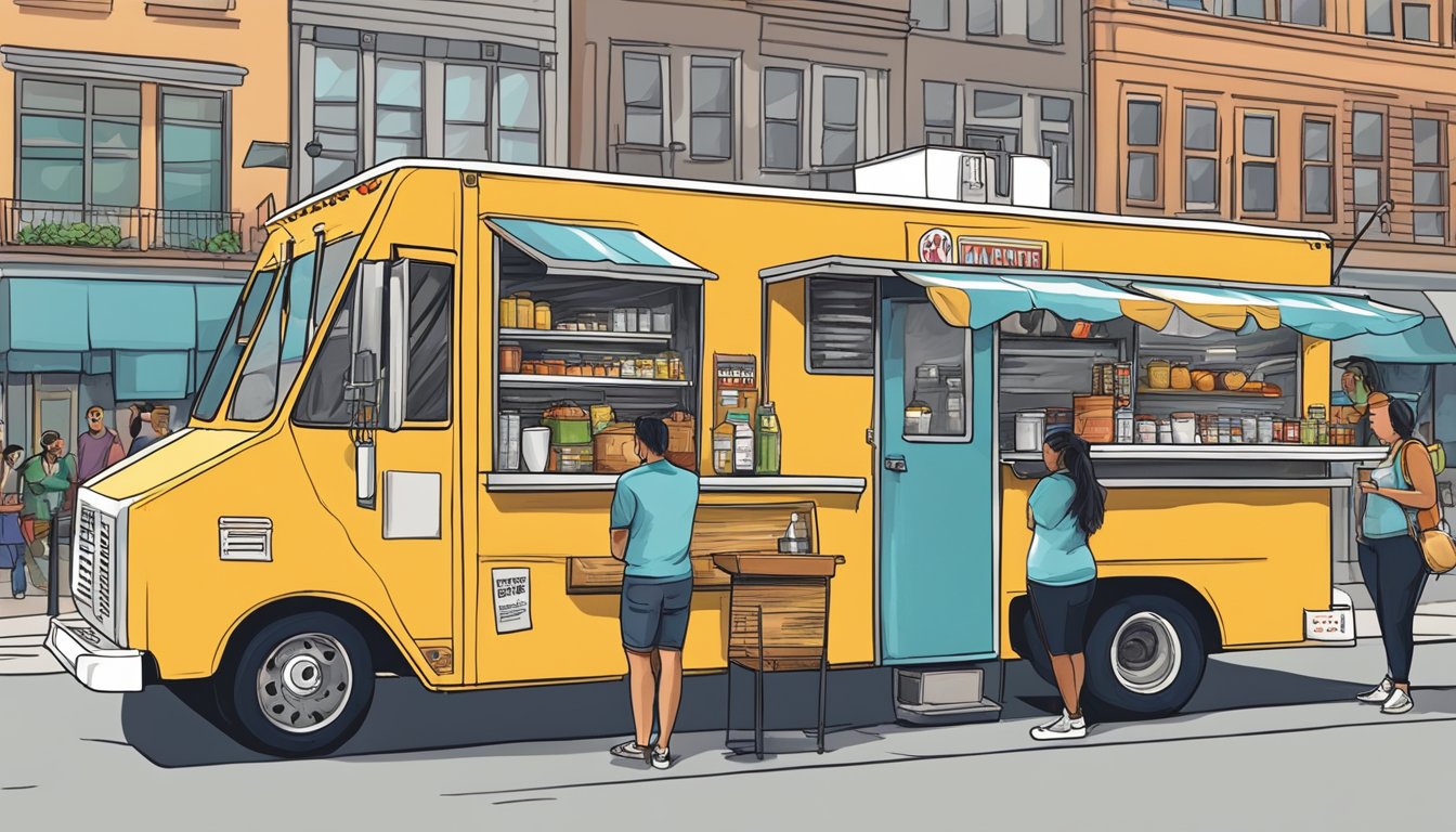 A food truck parked on a city street, surrounded by customers and complying with Madison, Wisconsin's food truck laws