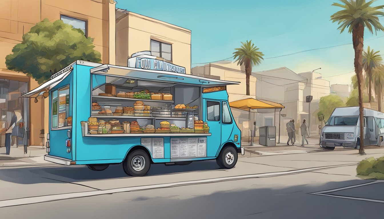 A food truck parked on a city street, surrounded by signage displaying operational guidelines and food truck laws specific to Moreno Valley, California