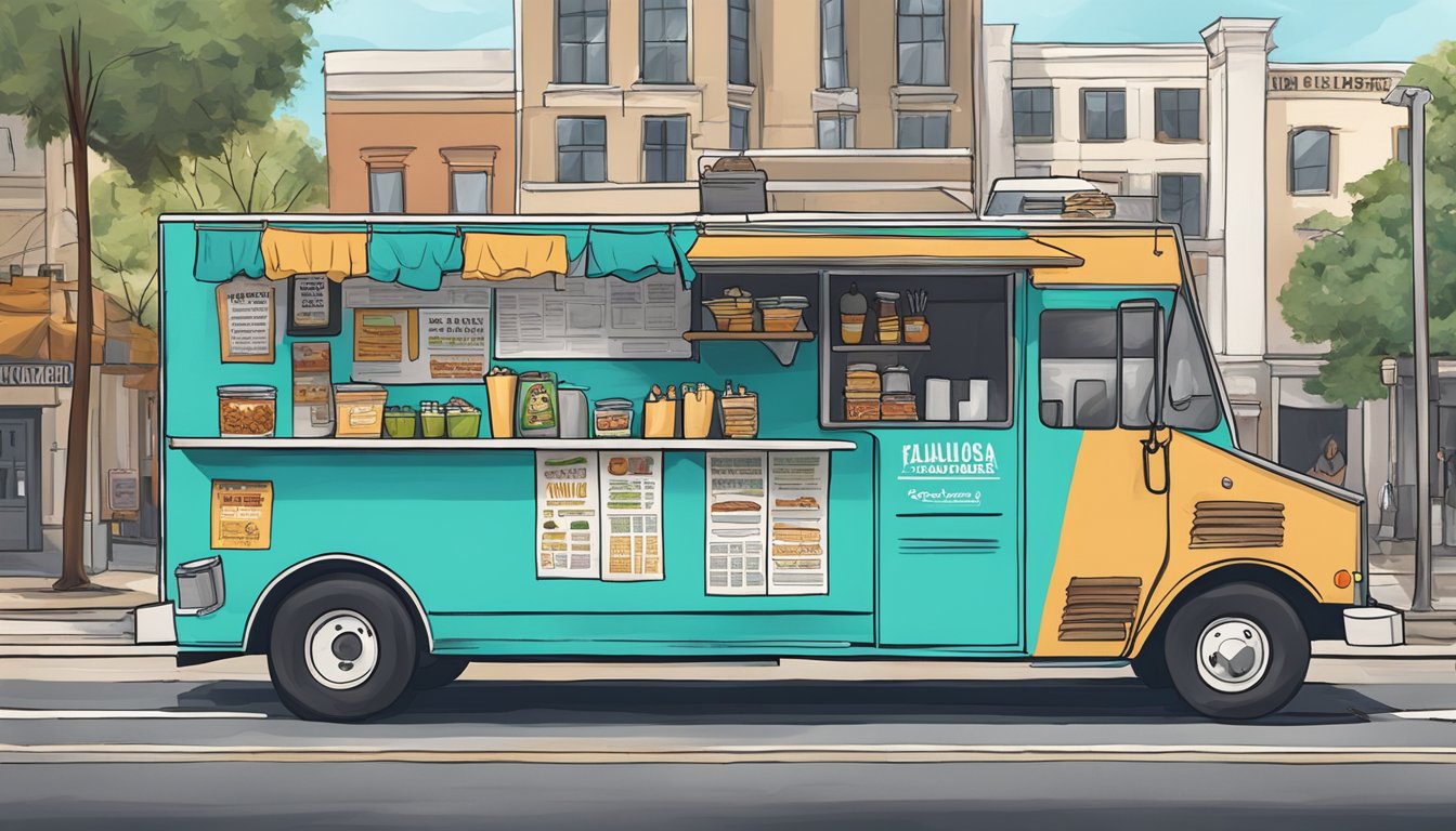 A food truck parked on a city street, surrounded by signs displaying local food truck laws and regulations in Tallahassee, Florida