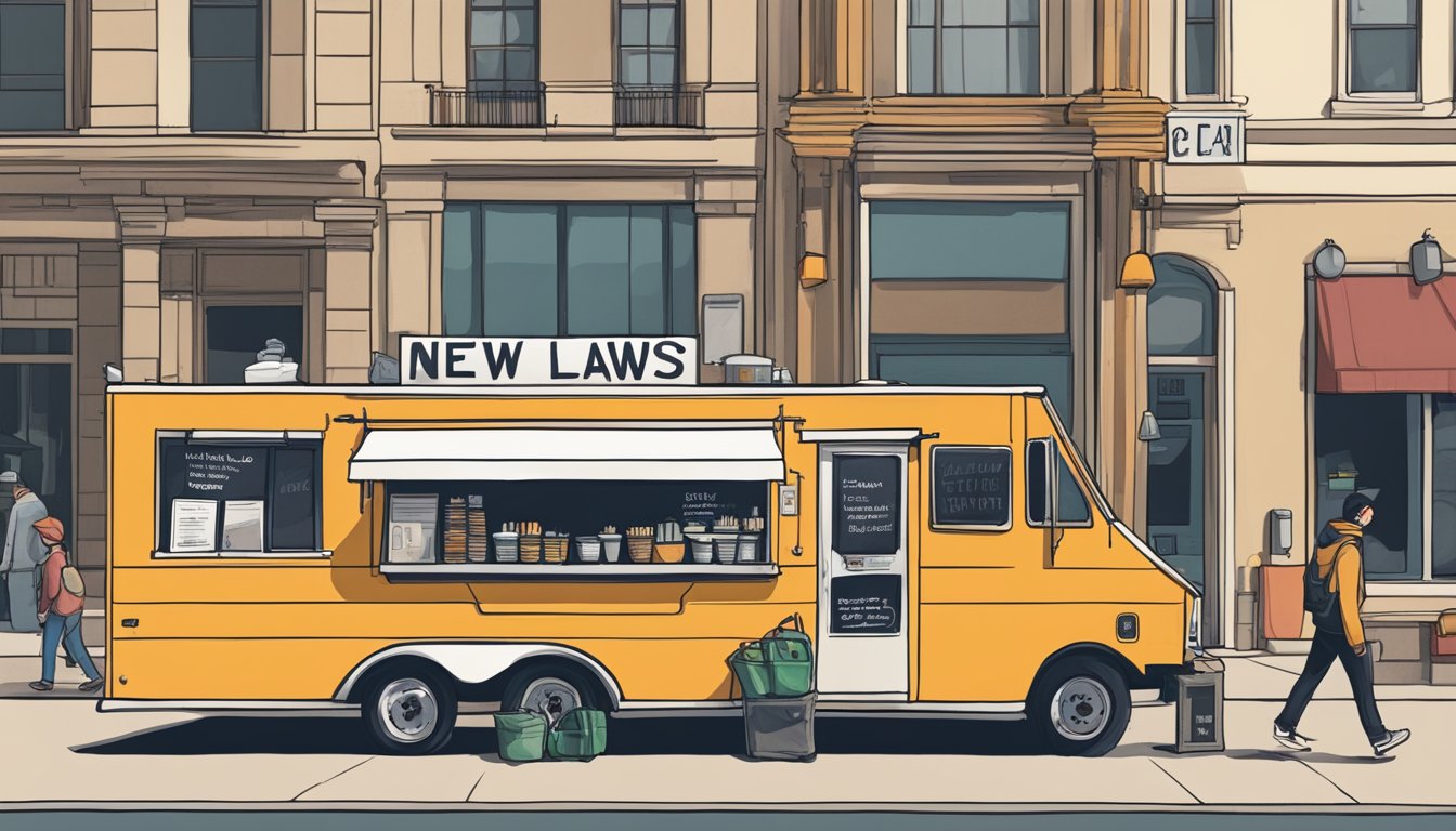 A food truck parked on a bustling street in Madison, Wisconsin, with a sign displaying new laws and regulations prominently posted