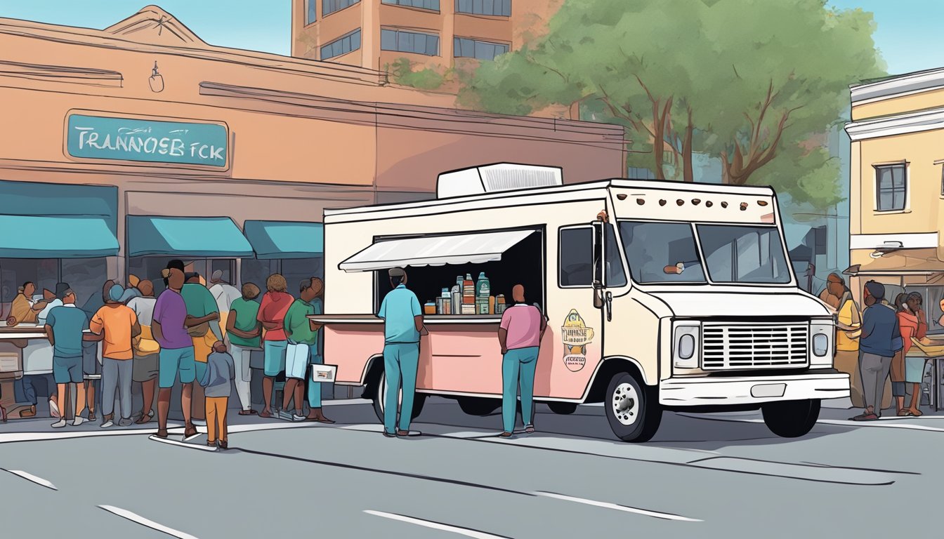 A food truck parked on a bustling street in Tallahassee, Florida, with customers lining up to order and a city official inspecting the truck for compliance with local food truck laws