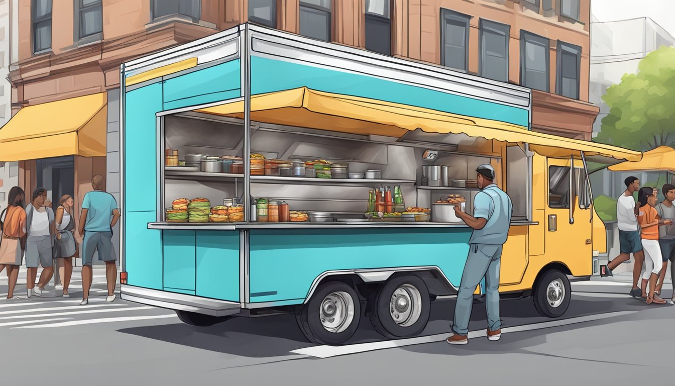 A food truck parked on a city street, surrounded by customers and complying with local regulations