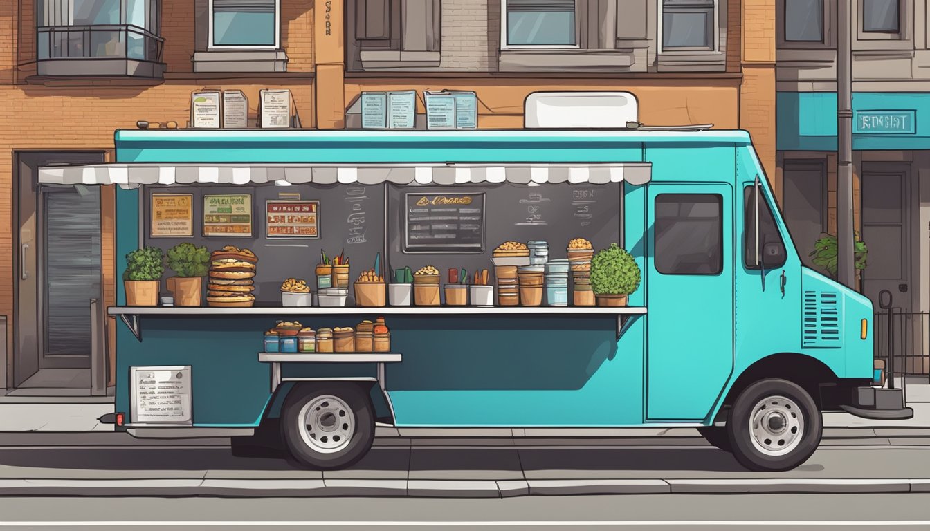 A food truck parked on a city street, surrounded by buildings and signs indicating licensing and permit requirements