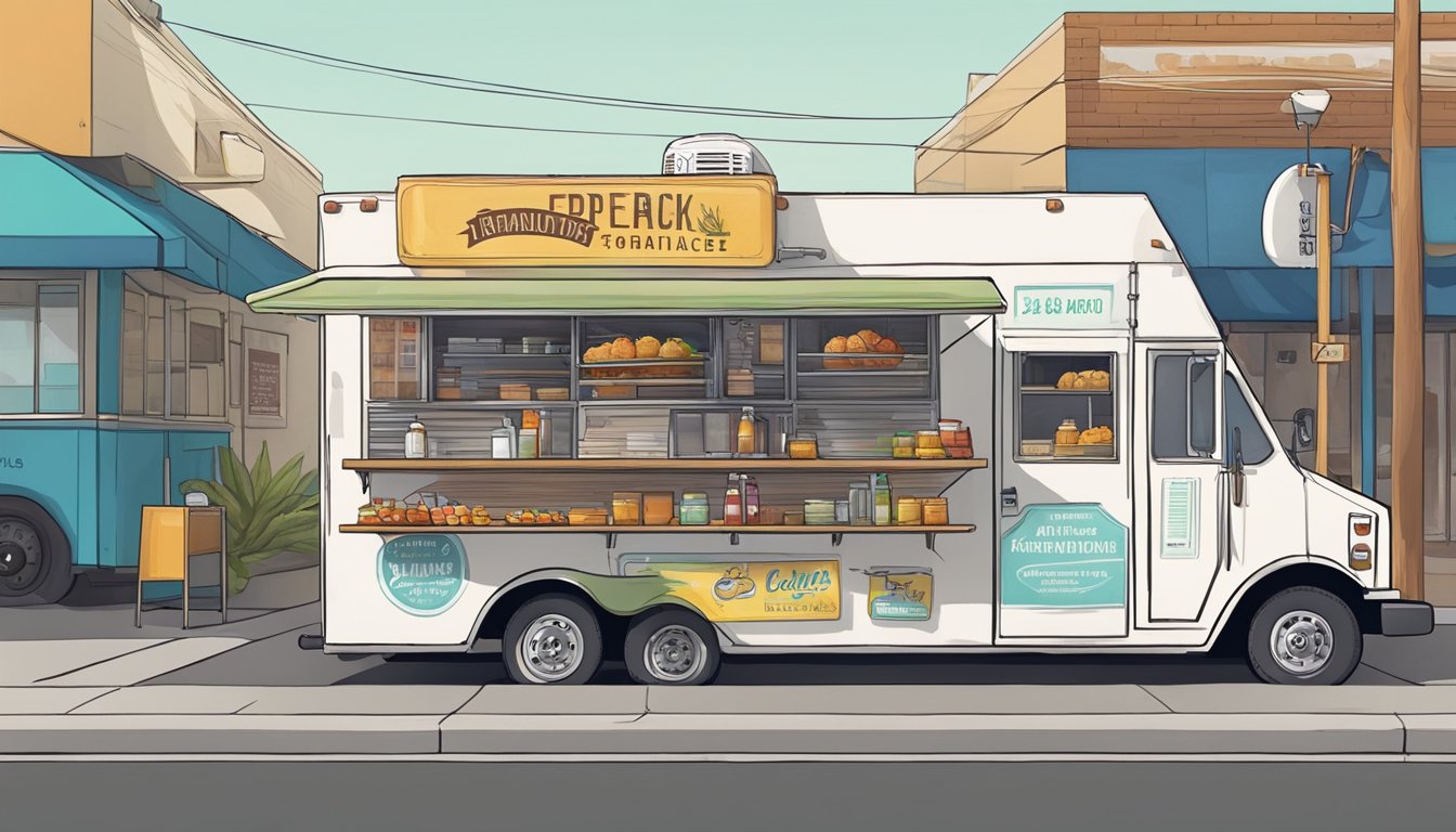 A food truck parked on a city street, surrounded by signs displaying local ordinances and expectations in Moreno Valley, California