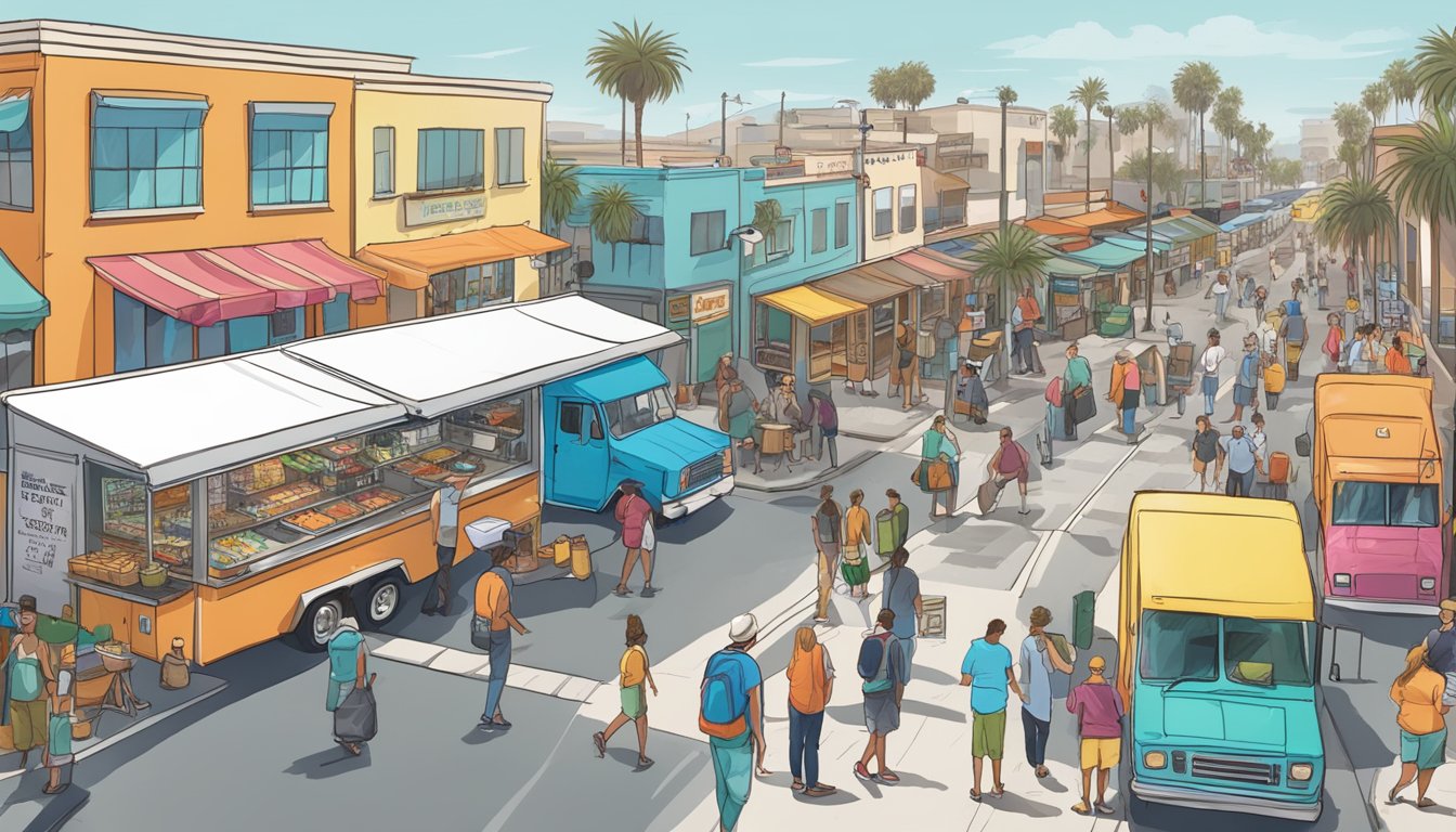 A bustling street with colorful food trucks parked in designated areas, surrounded by signage displaying Huntington Beach food truck regulations