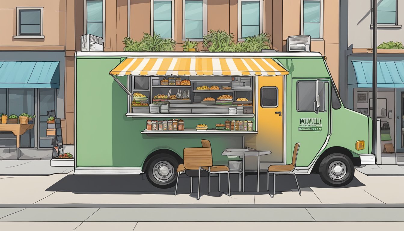 A food truck parked on a city street, with a sign displaying Moreno Valley, California regulations. Customers line up to order