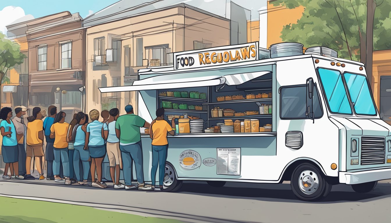 A food truck parked on a busy street in Tallahassee, Florida, with a sign displaying the city's food truck laws and regulations. Customers line up to order while the owner manages the financial aspects of the business