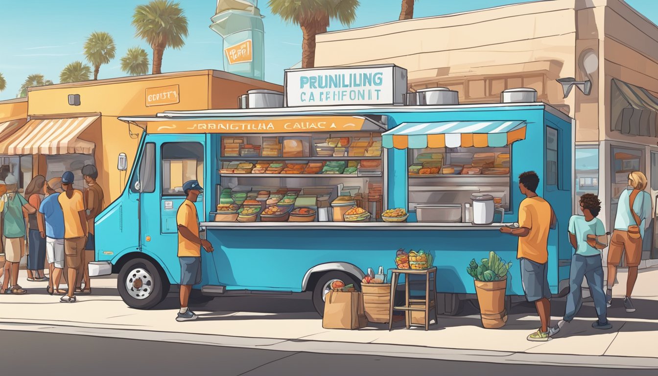 A food truck parked on a bustling street in Huntington Beach, California, with a line of customers waiting to order. The truck displays all required permits and licenses