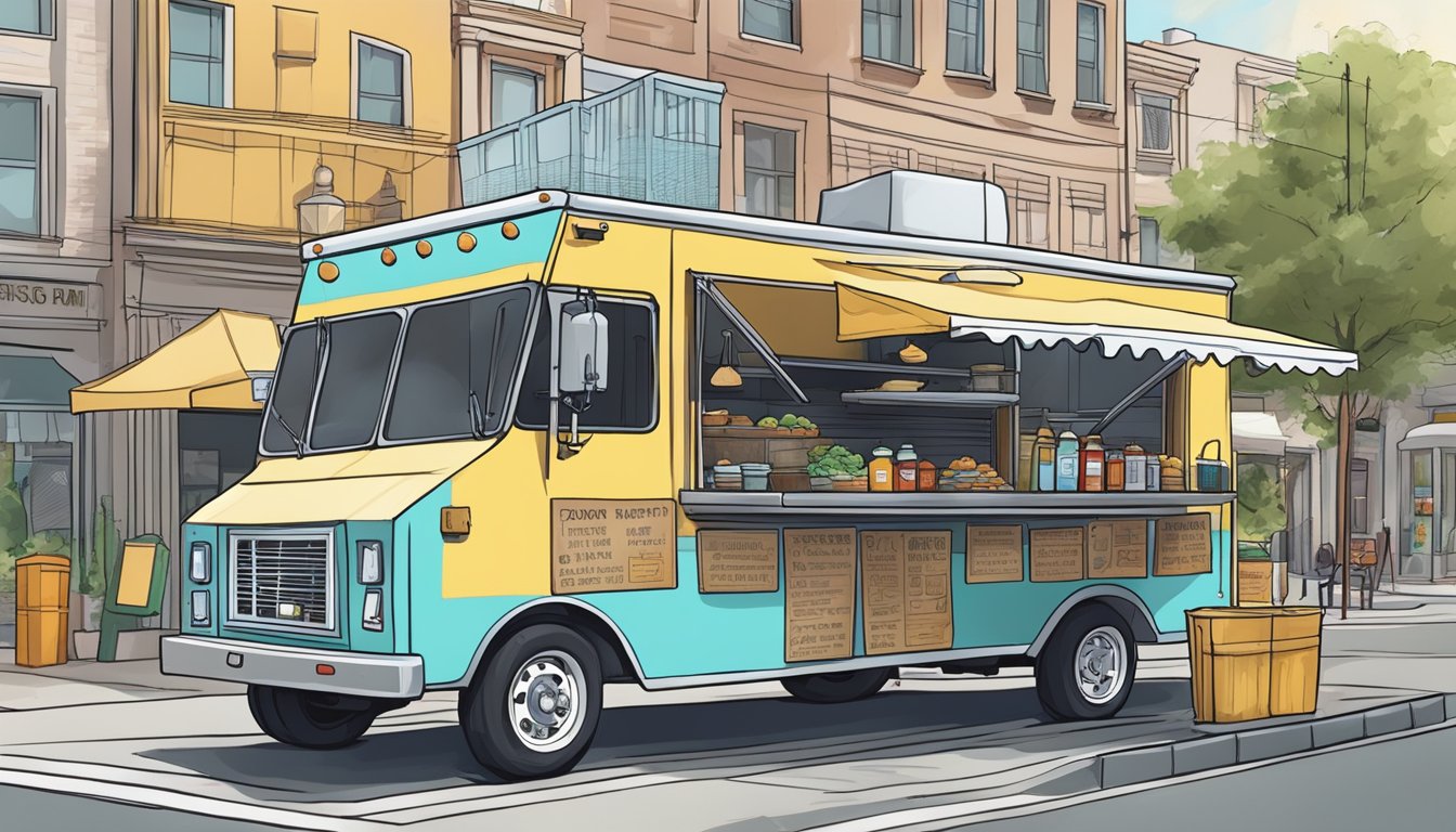 A food truck parked on a city street, surrounded by signs displaying zoning and location restrictions in Tallahassee, Florida