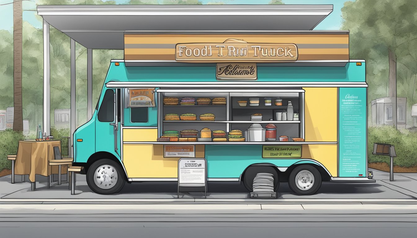 A food truck parked in Tallahassee, Florida, with visible insurance and liability documentation displayed