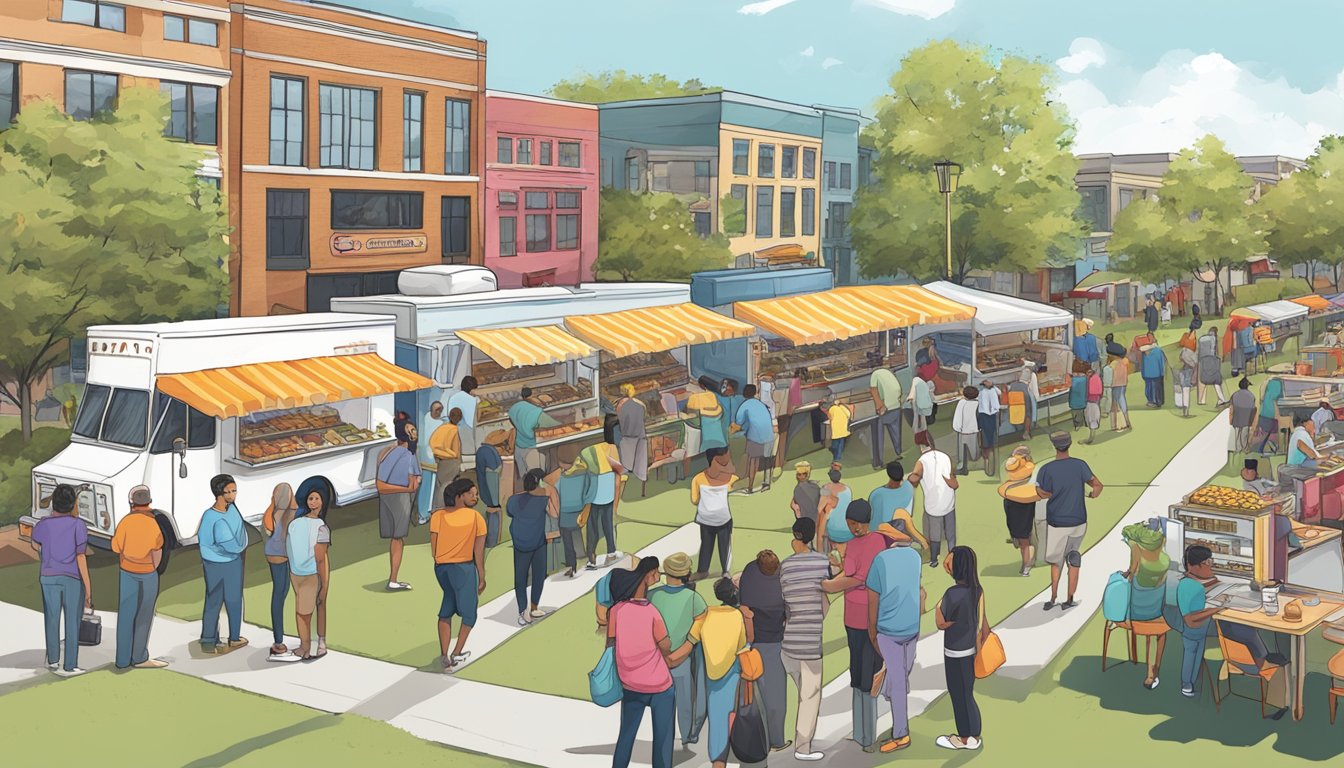 A bustling food truck park in Arlington, Virginia, with various trucks serving up a variety of cuisines, while customers line up to sample the offerings