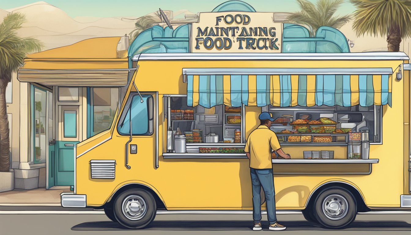 A food truck parked in Huntington Beach, California, with a prominent "Maintaining and Renewing Permits" sign displayed