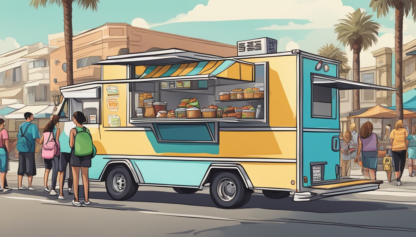 A food truck parked on a bustling street in Huntington Beach, California, with customers lined up and a sign displaying the menu