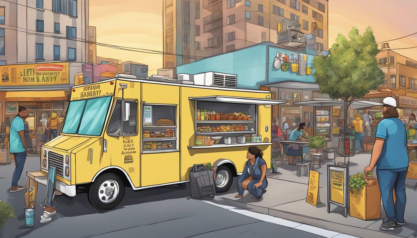 A food truck parked in a bustling city, surrounded by health and safety compliance signs and laws specific to Sunrise Manor, Nevada