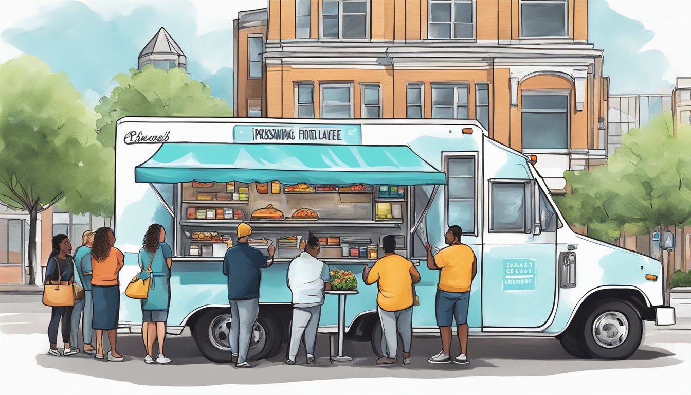 A food truck parked at a networking event in Arlington, Virginia, with professionals gathered around, discussing professional associations and local food truck laws