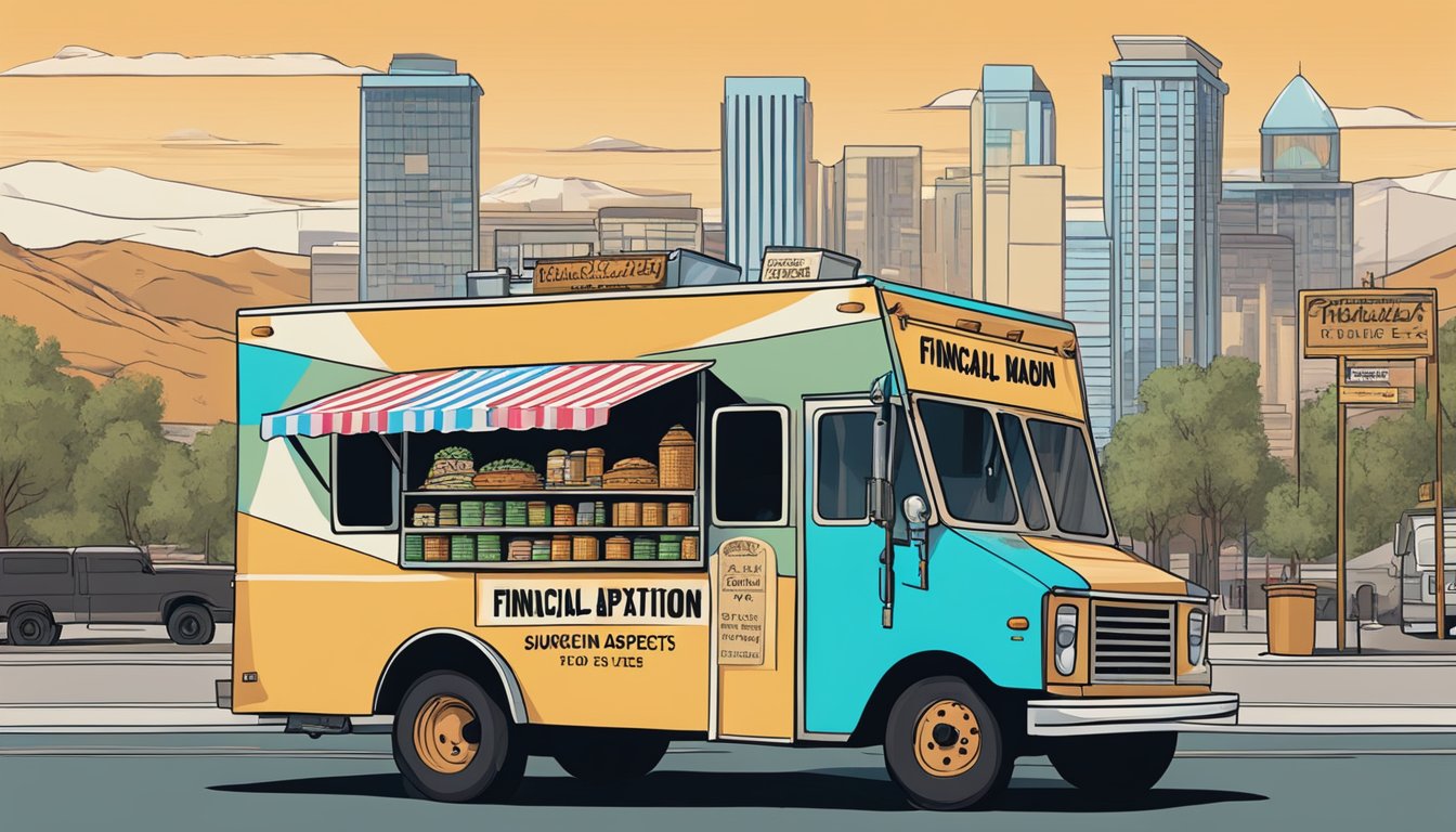 A food truck parked on a bustling street in Sunrise Manor, Nevada, with a city skyline in the background. A sign on the truck reads "Financial Aspects and Taxation" in bold letters