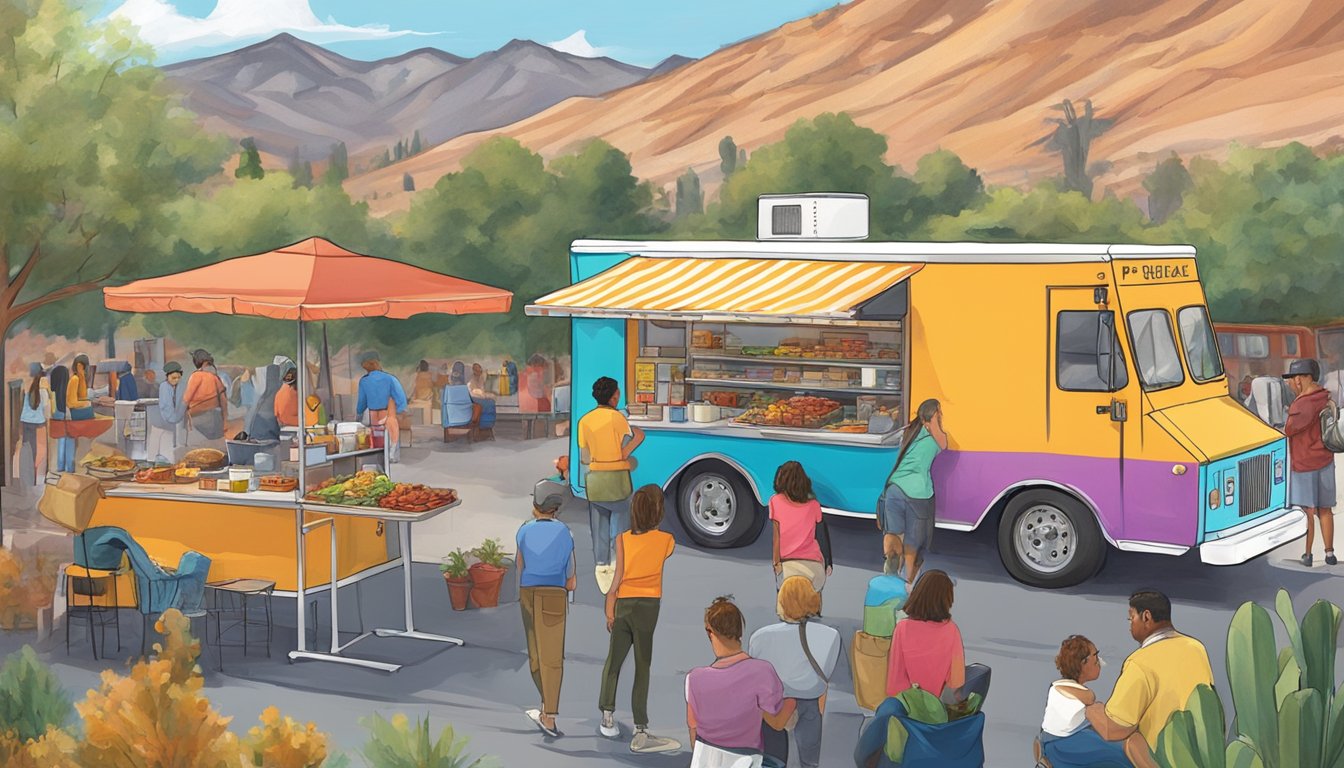 A colorful food truck parked in a bustling Nevada city, surrounded by eager customers and a backdrop of desert mountains