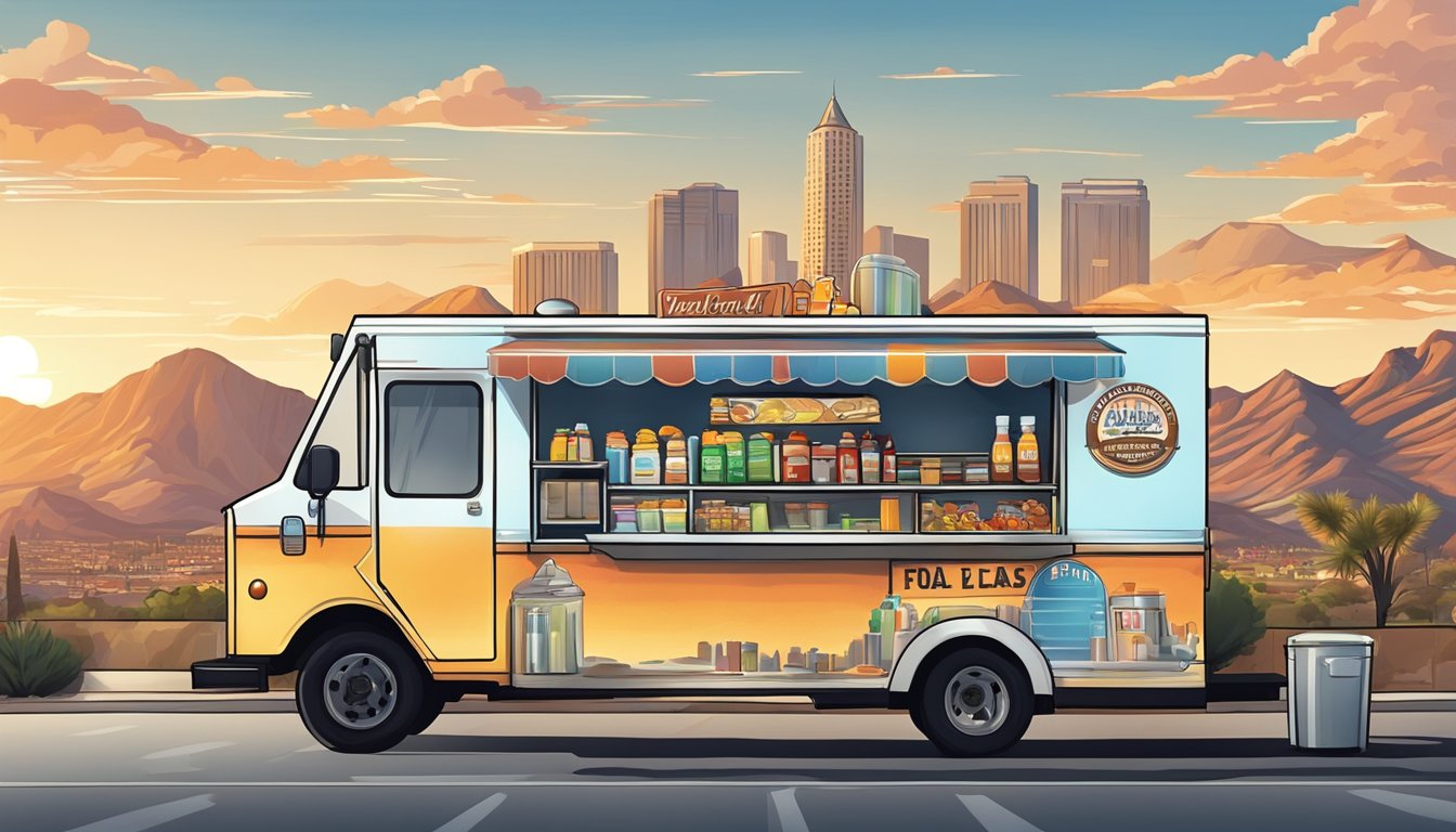 A food truck parked in a bustling Sunrise Manor, Nevada, with a backdrop of the city's skyline and a sign displaying local food truck laws