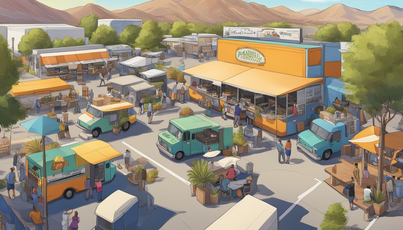 A bustling food truck park in Paradise, Nevada, with vendors displaying permits and licenses in compliance with local laws