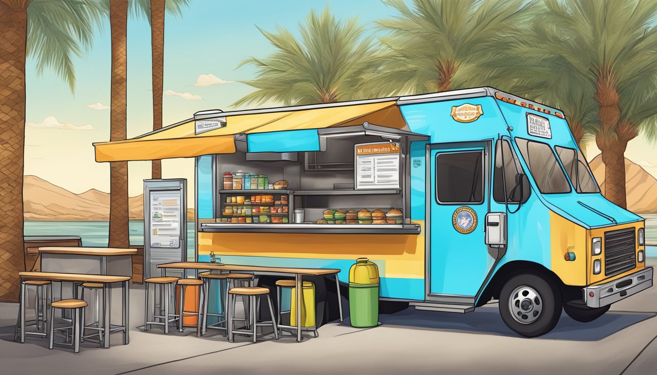 A food truck parked in Paradise, Nevada, with visible health and safety regulations displayed